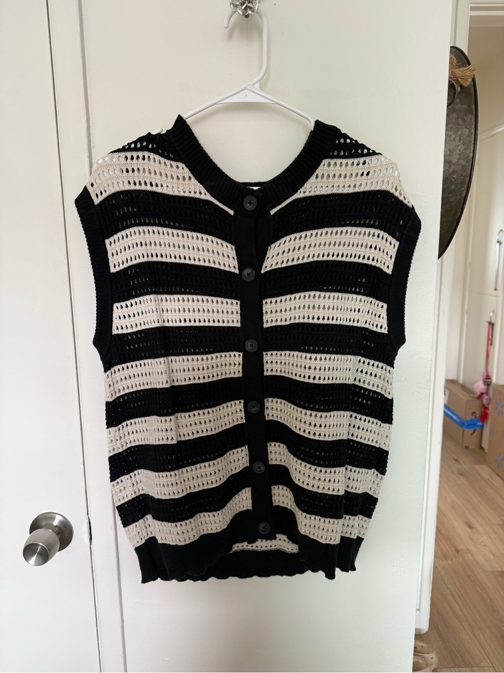 Universal Thread Black & Cream Striped Open-Knit Button Vest
